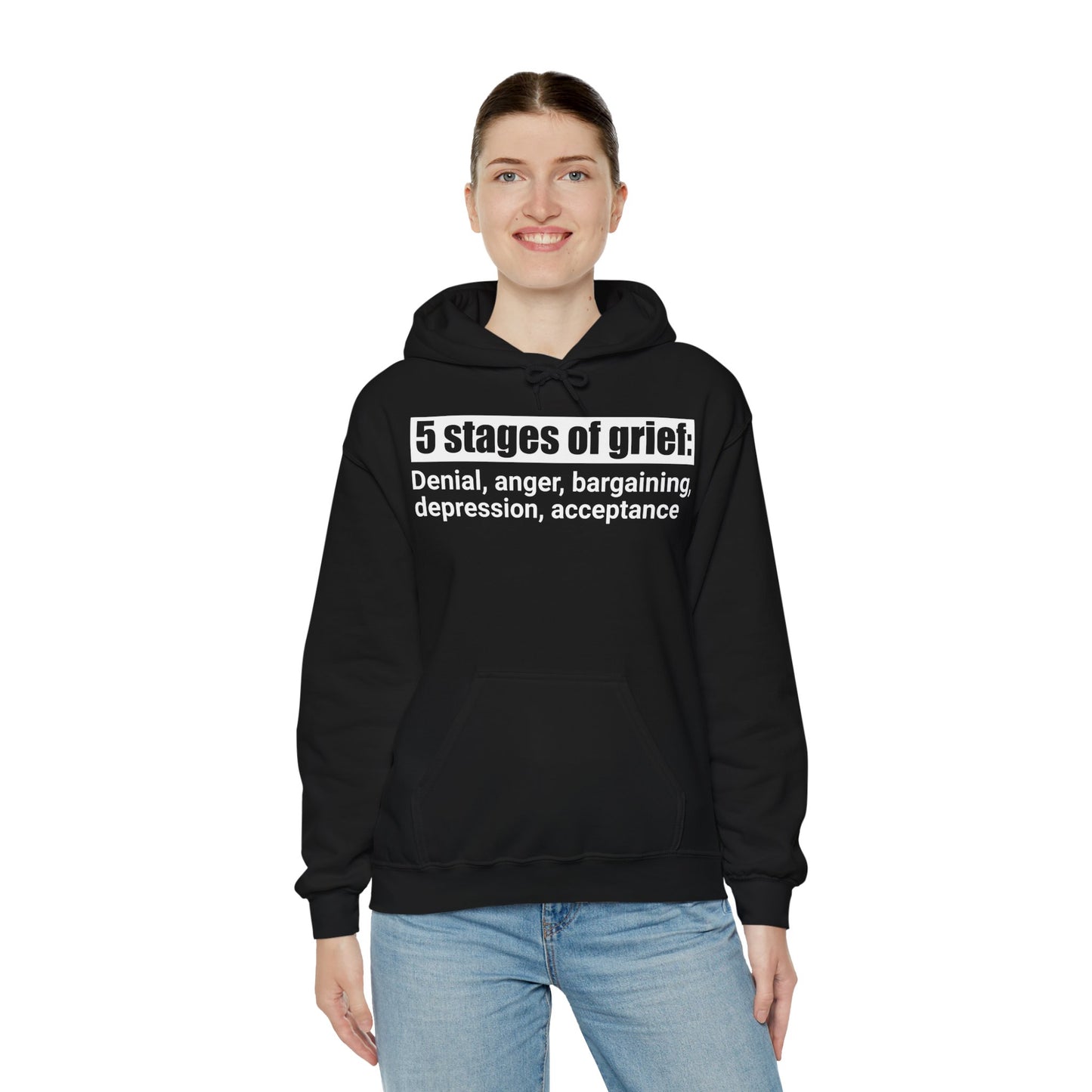 5 Stages of Grief Hooded Sweatshirt | Unisex Heavy Blend | Cozy Comfort and Support